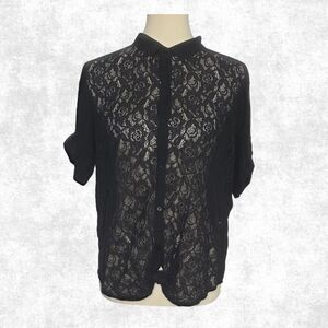 Black Lace Button-Up Blouse  Floral Sheer Size L – Gothcore / Dark Academia